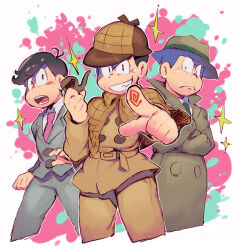 3boys black_hair brothers capelet coat deerstalker detective fingerprint formal_clothes grey_suit grin hat highres looking_at_viewer male_focus matsuno_choromatsu matsuno_osomatsu matsuno_todomatsu multiple_boys official_alternate_costume osomatsu-san osomatsu_(series) plaid_capelet plaid_clothes pointing pointing_at_viewer sanjiro_(tenshin_anman) shaded_face siblings smile suit trench_coat