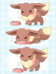 :3 artist_name blue_background bowl brown_eyes brown_fur checkered_background closed_mouth commentary_request drinking drooling eevee gen_1_pokemon highres mugita_konomi nintendo no_humans open_mouth pet_bowl pokemon pokemon_(creature) tongue tongue_out water