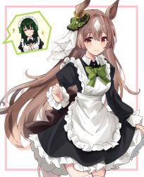 Rule 34 | 2girls, alternate costume, animal ears, apron, black dress, bow, bowtie, brown eyes, brown hair, closed eyes, dress, ear ornament, ear ribbon, enmaided, facing viewer, frilled apron, frills, green bow, green bowtie, green hair, hair between eyes, hair bow, horse ears, horse girl, juliet sleeves, long hair, long sleeves, looking at viewer, maid, maid apron, maid headdress, multicolored hair, multiple girls, nasupon 54115, puffy sleeves, satono&#039;s trainer, satono diamond (umamusume), smile, solo focus, streaked hair, trainer (umamusume), umamusume, very long hair, waist apron, white apron, white background