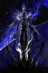1boy alivewake armor cape elden_ring elden_ring_nightreign extra_arms full_armor glowing glowing_sword glowing_weapon great_rune_(elden_ring) greatsword helmet heolstor_the_nightlord highres purple_cape scale_armor shoulder_armor solo spiked_helmet standing sword triple_wielding weapon
