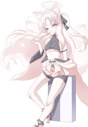 1girl ahoge amerika_neko animal_ear_fluff animal_ears bare_shoulders black_ribbon black_shorts blue_archive blush closed_mouth commentary eyeshadow floating_hair foot_out_of_frame fox_ears fox_girl fox_tail grey_eyes hair_ribbon halo hand_up highres holding holding_smoking_pipe huge_ahoge japanese_clothes kimono kuzunoha_(blue_archive) long_hair long_sleeves makeup midriff one_side_up open_clothes open_kimono parted_bangs pink_hair pink_halo pink_kimono red_eyeshadow ribbon short_eyebrows shorts sidelocks simple_background sitting smile smoking_pipe solo tail thick_eyebrows white_background wide_sleeves