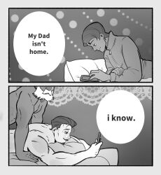 2koma 3boys anal beard comic completely_nude english_text facial_hair goatee golden_kamuy greyscale highres holding holding_phone koito_heiji koito_otonoshin lying male_focus male_penetrated mature_male meme monochrome msf_(felsmlll) multiple_boys mustache my_dad_isn&#039;t_home_(meme) nude old old_man on_bed on_stomach out-of-frame_censoring phone prone_bone sex sex_from_behind short_hair smile text_messaging toned toned_male tsurumi_tokushirou yaoi