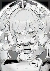 1boy 1girl bar_censor barbara_(genshin_impact) breasts censored clothed_female_nude_male commentary_request erection fellatio genshin_impact greyscale hat hetero highres medium_breasts medium_hair monochrome navel nipples nude nurse_cap oral penis penis_grab pov pov_crotch sukoyaka93 twintails