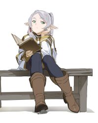 black_pants book boots capelet closed_mouth earrings elf frieren full_body gekichuu_youkai green_eyes green_pupils grey_hair hand_on_own_face high_heel_boots high_heels highres holding holding_book jewelry long_hair looking_to_the_side pants pointy_ears simple_background sitting sousou_no_frieren teardrop_earrings twintails white_background white_capelet