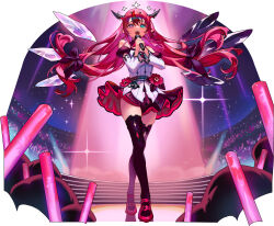 1girl black_thighhighs blue_eyes detached_sleeves double_halo dress fluffycatfish glowstick halo heterochromia highres holding holding_glowstick holding_microphone hololive hololive_english irys_(hololive) irys_(irys_2.0)_(hololive) looking_at_viewer microphone multicolored_hair open_mouth penlight_(glowstick) pink_shoes pointy_ears red_eyes red_hair red_skirt shoes skirt solo star_halo streaked_hair thighhighs virtual_youtuber white_dress white_sleeves wings