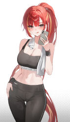 1girl :q absurdres akane_lize bare_shoulders black_eyes black_leggings black_shirt breasts chaerom cleavage closed_mouth cowboy_shot crop_top hair_ornament hairclip highres large_breasts leggings long_hair looking_at_viewer midriff mole mole_on_cheek multicolored_hair navel ponytail red_hair shirt sleeveless sleeveless_shirt smile solo sports_bra standing stellive stomach streaked_hair sweatband thigh_gap tongue tongue_out towel towel_around_neck very_long_hair virtual_youtuber