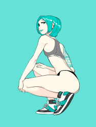 1girl aqua_background aqua_eyes aqua_hair aqua_lips aqua_theme arm_tattoo ass back bare_shoulders black_panties breasts ear_piercing from_side full_body grey_sports_bra highres original panties piercing shoes short_hair simple_background small_breasts sneakers sports_bra squatting tattoo underwear vashperado