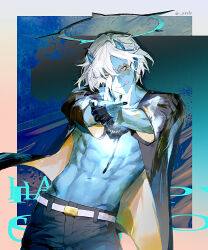 1boy :d abs arms_up belt belt_buckle black_gloves black_nails black_pants blue_skin buckle character_name collarbone colored_skin commentary cowboy_shot demon_horns glasses gloves groin guilty_gear guilty_gear_strive halo happy_chaos horns long_sleeves male_focus nail_polish navel one_eye_closed open_clothes open_mouth open_shirt orange-tinted_eyewear pants parted_bangs shirt short_hair smile solo spiked_halo tinted_eyewear toned toned_male tongue tongue_out twitter_username two-sided_shirt white_belt white_hair x-shaped_eyewear yszlr