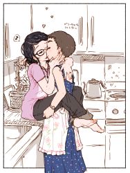 2girls apron black_hair brown_hair closed_eyes comic glasses hand_on_another&#039;s_face hands_on_another&#039;s_thighs heart imminent_kiss jewelry leg_lock m_k multiple_girls musical_note necklace original plant potted_plant ring sketch speech_bubble spoken_musical_note stove teapot wife_and_wife yuri