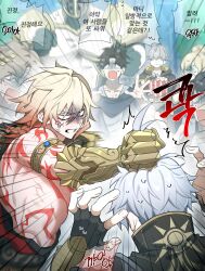 2boys absurdres anger_vein antenna_hair arm_tattoo armlet black_coat black_gloves black_hoodie black_shirt blank_eyes blonde_hair braid caelus_(honkai:_star_rail) chest_tattoo clawed_gauntlets coat commentary english_commentary facial_tattoo fingerless_gloves gloves gradient_hair grey_hair hair_between_eyes highres holding_another&#039;s_hair honkai:_star_rail honkai_(series) hood hood_down hoodie imminent_punch jewelry korean_text male_focus medium_hair multicolored_hair multiple_boys mydei_(honkai:_star_rail) nogcha_owo open_clothes open_coat phainon_(honkai:_star_rail) red_hair red_tattoo shirt short_hair side_braid single_glove sun_print sweat tattoo toned toned_male trailblazer_(honkai:_star_rail) translation_request white_hair
