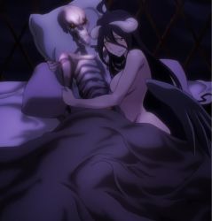 1girl ahoge albedo_(overlord) anime_screenshot bare_shoulders bed black_hair blush breasts completely_nude dakimakura_(object) demon demon_girl half-closed_eyes happy highres holding horns indoors large_breasts long_hair looking_at_viewer lying no_bra no_humans no_panties nude on_side open_mouth overlord_(maruyama) pillow simple_background skeleton slit_pupils stitched third-party_edit topless wings yellow_eyes