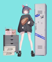 1girl absurdres animal_ears aqua_background aya_(lezon) bag black_hair black_shoes black_sweater blue_archive blush box cabinet cat_ears cat_girl commentary_request extra_ears full_body grin halo hand_up highres kazusa_(blue_archive) locker long_sleeves looking_at_viewer medium_hair paper_bag pink_hair pink_halo puffy_long_sleeves puffy_sleeves red_eyes shoe_box shoes simple_background smile socks solo standing sweater white_socks