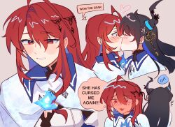 2girls absurdres blush cape closed_eyes commentary elizabeth_rose_bloodflame english_commentary english_text full-face_blush heart highres hololive horns kiss multiple_girls nerissa_ravencroft parted_lips pink_background red_eyes red_hair simple_background smile speech_bubble virtual_youtuber wan_m_i white_cape yuri