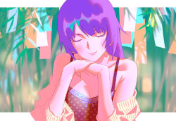 Rule 34 | 1girl, armpit crease, bare shoulders, blurry, blurry background, blush, breasts, cleavage, closed eyes, closed mouth, collarbone, commentary, english commentary, eyelashes, hands up, highres, lace trim, monogatari (series), off shoulder, purple hair, rapa rachi, senjougahara hitagi, smile, solo, tanzaku, upper body