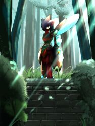 Rule 34 | bug, claws, commentary request, forest, full body, gen 2 pokemon, highres, insect wings, looking at viewer, nature, nintendo, pokemon, pokemon (creature), redamber334, scizor, stairs, standing, sunlight, wings, yellow eyes