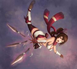 breasts brown_eyes brown_hair cleavage crop_top fishnet_thighhighs fishnets jumping knife kunai kunoichi_(sengoku_musou) large_breasts leg_up legs lips lipstick makeup midriff ninja open_mouth ponytail scarf sengoku_musou shorts side_ponytail smile thighhighs thighs throwing_knife weapon