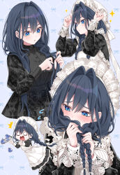 1girl absurdres adjusting_clothes adjusting_headwear apron averting_eyes black_dress blue_eyes blue_hair blush braid commentary covering_own_mouth dress embroidery fanged_bangs flying_sweatdrops frilled_apron frilled_hat frills hair_intakes hair_over_shoulder hat highres holding holding_own_hair hololive hololive_english juliet_sleeves long_hair long_sleeves low_twin_braids maid maid_apron mob_cap mogu_(au1127) multiple_views official_alternate_costume official_alternate_hairstyle ouro_kronii ouro_kronii_(maid) pleated_dress puffy_sleeves twin_braids tying_hair victorian_maid virtual_youtuber white_apron white_hat