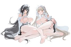 Rule 34 | 2girls, ass, azur lane, black hair, blush, breast curtains, breasts, formidable (azur lane), green eyes, grey hair, hair between eyes, indomitable (azur lane), indomitable (ms. motivationless maid) (azur lane), large breasts, long hair, looking at viewer, maid, maid headdress, momokan (kandume200), multiple girls, open mouth, panties, pantyhose, red eyes, simple background, sweat, torn clothes, torn pantyhose, twintails, underwear, very long hair, watermark, white background, white panties, white pantyhose