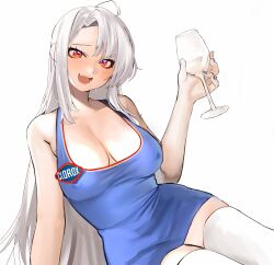 Rule 34 | 1girl, ahoge, blue dress, blue nails, breasts, clorox-chan, covered erect nipples, cup, dress, drinking glass, grey hair, highres, holding, holding cup, kumaartsu, large breasts, long hair, multicolored eyes, open mouth, original, purple eyes, red eyes, smile, solo, thighhighs, white thighhighs, wine glass