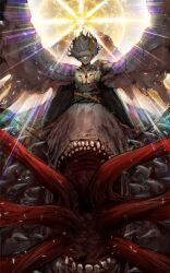 1girl absurdres ascot belt black_belt blonde_hair blood blood_on_face body_horror collared_shirt floating_hair highres kromer_(project_moon) limbus_company lubban multicolored_hair open_mouth project_moon red_eyes shirt short_hair smile solo streaked_hair talisman teeth veins wax_seal white_ascot white_hair white_shirt wings yellow_belt