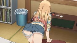 1boy 1girl 2022 20s all_fours animated animated_gif anime_screenshot ass ass_shake blonde_hair blouse denim denim_shorts from_behind gojou_wakana jewelry kitagawa_marin long_hair multicolored_shirt nail_polish pillow ring shirt shorts sono_bisque_doll_wa_koi_wo_suru standing tagme thighs