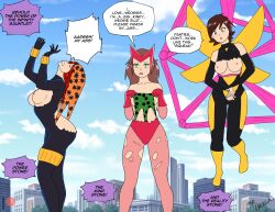 3girls absurdres avengers_(series) black_widow breasts cityscape green_panties highres janet_van_dyne marvel mind_control mrbragas multiple_girls natasha_romanoff non-web_source orange_panties panties print_panties purple_panties scarlet_witch underwear wanda_maximoff wasp_(marvel) wedgie