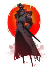 1boy absurdres arms_behind_back belt black_belt blood blood_on_face bloody_tears bone green_eyes hat helmet highres horns horns_through_headwear male_focus muscular open_mouth original peg_leg richard_carey scabbard sharp_teeth sheath sheathed silhouette skeleton smile spirit standing sword teeth torn_clothes undead veins weapon