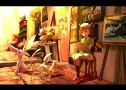 1girl :d absurdres bianca_(pokemon_heroes) brown_eyes brown_hair commentary_request espeon gen_2_pokemon gen_5_pokemon green_shirt happy hat highres holding medium_hair minccino nintendo open_mouth painting_(object) pink_shoes pokemon pokemon_(anime) pokemon_(classic_anime) pokemon_heroes:_latios_&amp;_latias ribero shirt shoes short_sleeves sitting sketchbook skirt smeargle smile socks stool two_side_up white_hat white_skirt