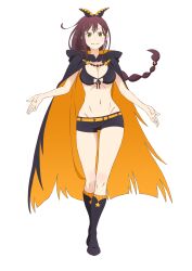 1girl absurdres belt bikini bikini_top_only black_cape black_ribbon black_shoes boots braid braided_ponytail breasts brown_hair cape cleavage cloud full_body green_eyes hair_ribbon highres hood hooded_cape knee_boots large_breasts looking_at_viewer multi-tied_hair official_art outdoors outstretched_arms parted_lips re:zero_kara_hajimeru_isekai_seikatsu ribbon shaula_(re:zero) shoes short_shorts shorts simple_background smile solo standing swimsuit tachi-e white_background