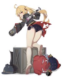1girl absurdres ahoge arm_belt artist_name ass barefoot baseball_bat black_gloves black_jacket black_shorts blonde_hair boar bracelet commentary gloves hair_between_eyes helmet highres holding holding_baseball_bat jacket jewelry legs light_blush long_hair long_sleeves looking_at_viewer luciana_de_montefio metal_baseball_bat n3moni on_floor print_jacket red_eyes short_shorts shorts side_ponytail sidelocks smile soles spiked_bracelet spikes tears thighs toes tusks v-shaped_eyebrows white_background wooden_box zenless_zone_zero