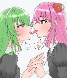 2girls absurdres assault_lily black_ribbon blurry blurry_foreground blush breasts commentary_request cropped_jacket depth_of_field endou_araya eye_contact face-to-face fingernails french_kiss from_side green_hair grey_background hair_behind_ear hairpods hand_up heart highres holding_hands interlocked_fingers juliet_sleeves kiss long_hair long_sleeves long_tongue looking_at_another medium_breasts multiple_girls neck_ribbon parted_lips pink_hair profile puffy_sleeves purple_eyes red_eyes ribbon saetusum saliva school_uniform simple_background smile speech_bubble spoken_heart spoken_sweatdrop sweat sweatdrop tanaka_ichi teeth tongue tongue_out upper_body upper_teeth_only white_hair yuri yurigaoka_girls_academy_school_uniform