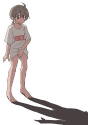 1girl :d absurdres ahoge androgynous bare_legs barefoot brown_eyes commentary full_body haida_katsuretsu hair_between_eyes highres long_hair low_ponytail no_pants onii-chan_wa_oshimai! open_mouth oyama_mahiro ponytail shadow shirt simple_background smile solo standing t-shirt white_background white_shirt