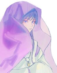 1boy blunt_ends closed_mouth clothing_cutout eyeliner eyeshadow feathers genshin_impact highres japanese_clothes kariginu layered_sleeves looking_at_viewer makeup male_focus mimochs pom_pom_(clothes) purple_eyes purple_hair purple_sleeves purple_veil red_eyeliner red_eyeshadow scaramouche_(genshin_impact) scaramouche_(kabukimono)_(genshin_impact) shoulder_cutout solo upper_body veil white_background white_sleeves yellow_feathers