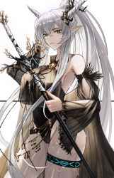 1girl absurdres arknights armpit_crease ass bare_shoulders black_one-piece_swimsuit black_sleeves breasts brown_eyes covered_navel cowboy_shot detached_sleeves hair_between_eyes halterneck high_ponytail highleg highleg_one-piece_swimsuit highres holding holding_staff holding_weapon horns infection_monitor_(arknights) jineg large_breasts long_hair long_sidelocks looking_at_viewer official_alternate_costume official_art one-piece_swimsuit parted_lips pointy_ears ponytail see-through_clothes shining_(arknights) shining_(silent_night)_(arknights) sideboob sidelocks simple_background solo staff swimsuit thigh_strap thighs very_long_hair very_long_sidelocks weapon wet white_background white_hair wide_sleeves