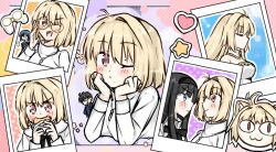 02surume animal_ears archetype_earth arcueid_brunestud black_hair blue_eyes blue_hair blush breasts burger cat_ears cat_girl chibi ciel_(tsukihime) cleavage closed_eyes closed_mouth dual_persona eating food from_side glasses hairband heart_sticker holding holding_burger holding_food jewelry long_hair looking_at_another necklace neco-arc photo_(object) red_eyes school_uniform sideboob smile star_sticker sticker tohno_akiha tohno_shiki tsukihime tsukihime_(remake)