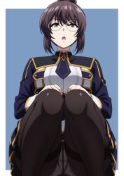 1girl bespectacled between_breasts black_thighhighs blue_background blue_necktie breasts brown_eyes brown_hair glasses hair_between_eyes hand_on_own_leg highres kage_no_jitsuryokusha_ni_naritakute! kage_no_jitsuryokusha_ni_naritakute!_master_of_garden looking_at_viewer makiri_akira medium_breasts midgar_academy_school_uniform necktie necktie_between_breasts nu_(kage_no_jitsuryokusha_ni_naritakute!) open_mouth panties round_eyewear school_uniform short_hair simple_background solo spread_legs squatting thighhighs thighs underwear white_panties zettai_ryouiki