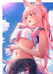 1girl absurdres adjusting_clothes adjusting_necktie animal_ear_fluff animal_ears annmitsu114 antenna_hair bare_arms bare_shoulders belt black_belt black_skirt blue_sky blush braid braided_bun breasts chest_belt cloud cloudy_sky commentary_request crop_top crown_braid day fingernails frilled_shirt frills hair_between_eyes hair_bun hair_ornament hair_ribbon hakui_koyori hakui_koyori_(1st_costume) highres holding hololive hot large_breasts linea_alba long_hair looking_to_the_side nail_polish napkin navel necktie open_mouth outdoors pink_hair pink_nails pink_necktie pink_ribbon pleated_skirt purple_eyes ribbon shirt skirt sky sleeveless sleeveless_shirt solo stomach sunlight sweat tail underboob virtual_youtuber white_shirt wolf_ears wolf_girl wolf_tail