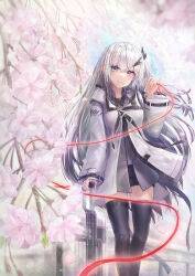 Rule 34 | 1girl, absurdres, allial (coefont), black shorts, black thighhighs, closed mouth, coefont, day, floating hair, flower, grey eyes, highres, jacket, long hair, long sleeves, looking at viewer, lukky clover, outdoors, pink flower, red ribbon, ribbon, rolling suitcase, short shorts, shorts, smile, solo, standing, suitcase, thighhighs, very long hair, white hair, white jacket, zettai ryouiki