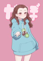Rule 34 | 1girl, aqua hoodie, asari shiguren1, beckoning, bird, blush, brown hair, commentary request, food, forehead, fruit, highres, hood, hoodie, idolmaster, idolmaster cinderella girls, kiwi (bird), kiwi (fruit), light smile, long hair, long sleeves, looking at viewer, pink background, print hoodie, seki hiromi, solo, text background, thighs, translation request