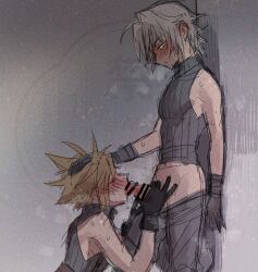 2boys absurdres against_wall bar_censor blonde_hair blush censored closed_eyes cloud_strife cum erection fellatio final_fantasy final_fantasy_vii final_fantasy_vii_ever_crisis gloved_handjob gloves green_eyes grey_hair hand_on_another&#039;s_head handjob highres kneeling looking_at_another male_focus multiple_boys none_(kameko227) oral penis sephiroth sephiroth_(ever_crisis) sex short_hair sketch sleeveless sleeveless_turtleneck slit_pupils spiked_hair sweat turtleneck veins veiny_penis watermark yaoi