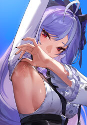 1girl arm_up armpits ascot black_skirt blush bow bowtie breast_curtains breasts brooch center_frills corset dress frilled_hairband frills hairband highres jewelry long_hair looking_at_viewer medium_breasts multicolored_hair pointy_ears purple_hair red_eyes shrug_(clothing) sideboob skirt solo streaked_hair vivian_banshee white_dress white_hair white_shrug zenless_zone_zero zonotaida