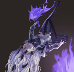 1girl absurdres arknights black_horns black_tail cntz4382 dragon_girl dragon_horns dragon_tail fiery_tail fire flame-tipped_tail hair_over_one_eye highres horns necrass_(arknights) purple_fire solo tail thighhighs torn_clothes torn_thighhighs