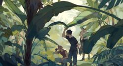 4boys arm_up black_gloves black_pants black_shirt black_shoes blonde_hair brown_hair commentary crew_neck denim english_commentary final_fantasy final_fantasy_xv fingerless_gloves gladiolus_amicitia glasses gloves grey_shirt highres ignis_scientia jeans jewelry jungle leaf looking_at_watch male_focus multiple_boys nature necklace noctis_lucis_caelum outdoors pants plant prompto_argentum red_shirt sayuyuv shirt shoes short_sleeves single_glove sleeveless sleeveless_shirt spiked_hair squatting standing t-shirt tattoo topless_male watch wristwatch