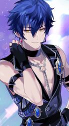 Rule 34 | 1boy, armband, black choker, black gloves, blue hair, buttons, choker, closed mouth, commentary, dark blue hair, earrings, ensemble stars!, fingerless gloves, gloves, hair between eyes, hand up, harness, headset, highres, jewelry, kwanmaengg, looking at viewer, male focus, official alternate costume, piercing, ring, sazanami jun, sleeveless, smile, solo, symbol-only commentary, upper body, yellow eyes