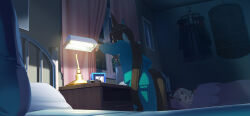 2girls admire_vega_(umamusume) animal_ears aqua_pants aqua_shirt bed bedroom blanket brown_hair clock clothes_hanger curren_chan_(umamusume) curtains grey_hair highres horse_ears horse_girl horse_tail indoors lamp long_hair long_sleeves looking_at_another low_ponytail lying multiple_girls night nightstand on_side open_mouth pajamas pants pillow plant ponytail potted_plant rain shirt short_hair smile standing tail takuzui umamusume under_covers window