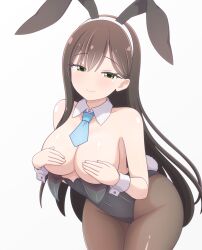 Rule 34 | 1girl, animal ears, bang dream!, bare arms, bare shoulders, black hair, black leotard, blue necktie, blush, breasts, brown pantyhose, cleavage, closed mouth, collarbone, commentary, covered groin, covering breasts, covering privates, cowboy shot, detached collar, fake animal ears, fake tail, green eyes, grey background, hair between eyes, hairband, hanazono tae, hands up, highleg, highleg leotard, highres, leaning forward, leotard, leotard pull, long hair, looking at viewer, necktie, pantyhose, playboy bunny, rabbit ears, rabbit tail, ren 0 (044ren), short necktie, simple background, smile, solo, standing, strapless, strapless leotard, tail, very long hair, white hairband, wrist cuffs
