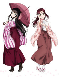 2girls aqua_eyes artbook black_hair blunt_bangs blush boots bracelet floating_hair floral_print full_body hair_ornament hairclip hakama hakama_skirt hand_in_own_hair high_heel_boots high_heels highres holding holding_umbrella japanese_clothes jewelry kimono kurosawa_dia long_hair looking_at_viewer looking_back love_live! love_live!_sunshine!! meiji_schoolgirl_uniform mole mole_under_mouth multiple_girls non-web_source official_art oil-paper_umbrella paper pink_kimono red_hair red_hakama sakurauchi_riko simple_background skirt smile socks standing tabi umbrella very_long_hair white_background wide_sleeves yellow_eyes