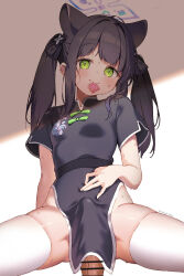 1boy 1girl animal_ears bar_censor black_dress black_hair blue_archive blue_halo blush breasts bulge censored china_dress chinese_clothes commentary_request condom condom_in_mouth condom_wrapper dress erection erection_under_clothes extra_ears green_eyes groin halo hetero highres koishi_(kiwi0314) loli long_hair looking_at_viewer mouth_hold no_panties pelvic_curtain penis short_sleeves shun_(blue_archive) shun_(small)_(blue_archive) sitting skindentation small_breasts smile spread_legs sweat thighhighs thighs tiger_ears tiger_girl twintails veins veiny_penis white_thighhighs