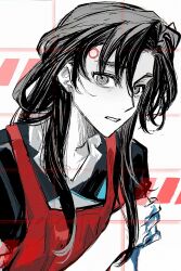 1boy amputee android apron blood blood_on_hands blue_blood detroit:_become_human greyscale hand_on_own_arm highres holographic_interface injury kimi_ga_shine long_hair looking_at_viewer male_focus missing_limb monochrome nervous parody parted_bangs parted_lips pipoabubu red_apron satou_kai shirt simple_background solo spot_color upper_body white_background