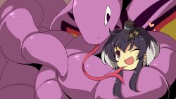 1girl anchor_symbol arbok black_hair blush brown_background brown_eyes closed_eyes commentary_request commission constriction crossover fang forked_tongue gen_1_pokemon hat heart highres kantai_collection mini_hat multicolored_hair mutsu_(hasepix) nintendo one_eye_closed open_mouth pokemon pokemon_(creature) short_hair_with_long_locks simple_background skeb_commission skin_fang tokitsukaze_(kancolle) tongue white_hair
